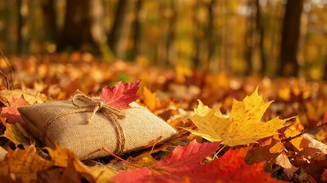 Gift in autumn leaves burlap wrap twine bow red  yellow foliage