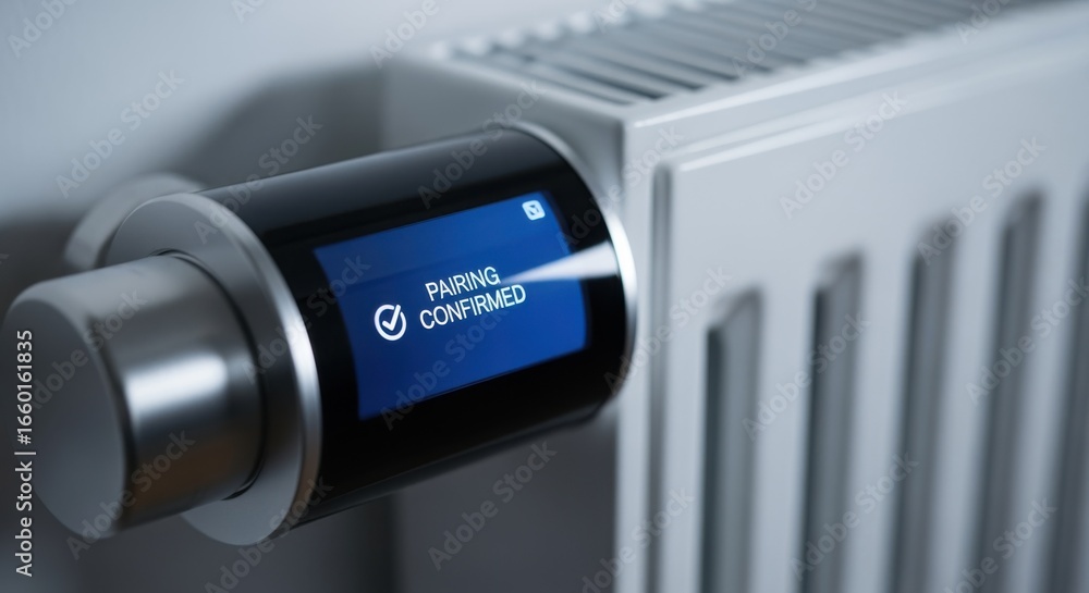 Poster smart thermostatic valve near radiator panel displaying pairing confirmation on a digital interface.