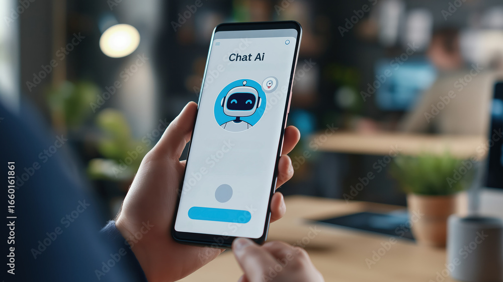 Poster over shoulder close up of person holding smartphone with chatbot artificial intelligence app on scre