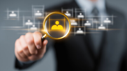 Businessman hand holding magnifying glass focusing on yellow human icon, human resources selection, recruitment, and talent search concept, modern digital interface, professional, confident