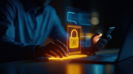 Cybersecurity concept with man in blue shirt using smartphone and laptop, illuminated by glowing digital padlock and AI icon, representing secure artificial intelligence technology