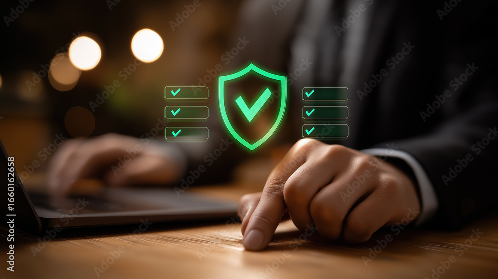 Poster cybersecurity concept with businessperson using laptop glowing green shield icon check marks secure 