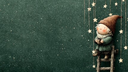 Whimsical gnome relaxing on ladder with mug against starry sky