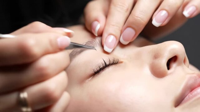 Eyelash Extension Application Close-up: Beauty Treatment and Enhancing Lashes, Enhancing Beauty: Close-up of a Woman Receiving Eyelash Extensions