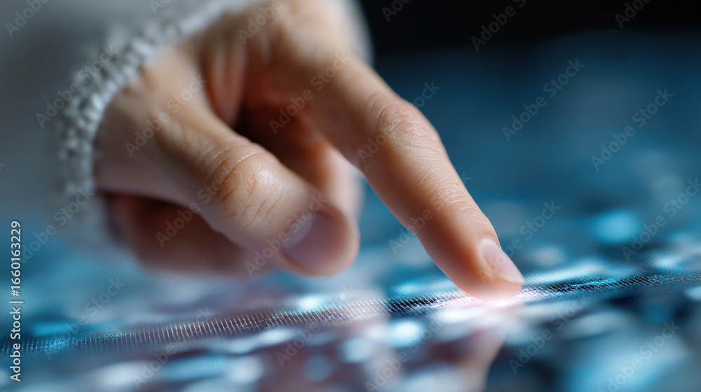 Poster close up of finger touching digital screen with glowing interface, technology innovation and futuris