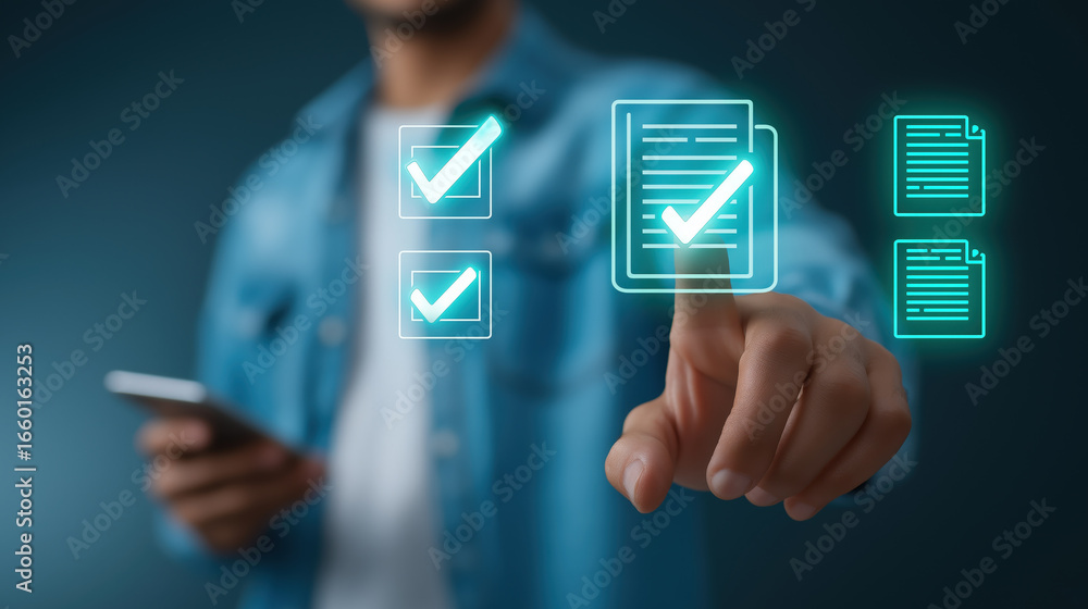 Fototapete digital document management concept with person using smartphone and interacting with virtual checkl