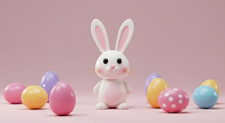 Obraz premium Cute Easter bunny with colorful eggs, a cheerful spring holiday celebration scene