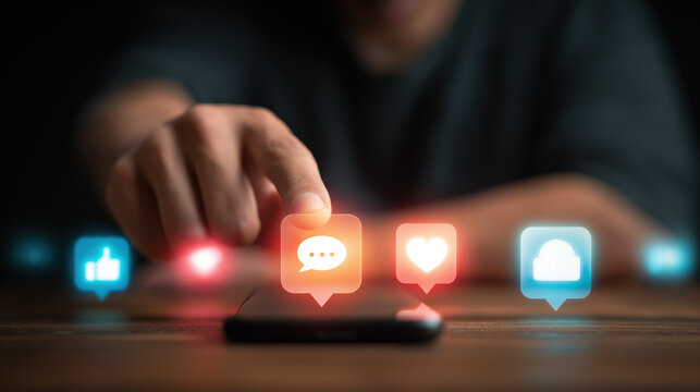 Person interacts with smartphone touching glowing chat icon surrounded by social media notification icons for like comment heart and cloud in dark moody setting