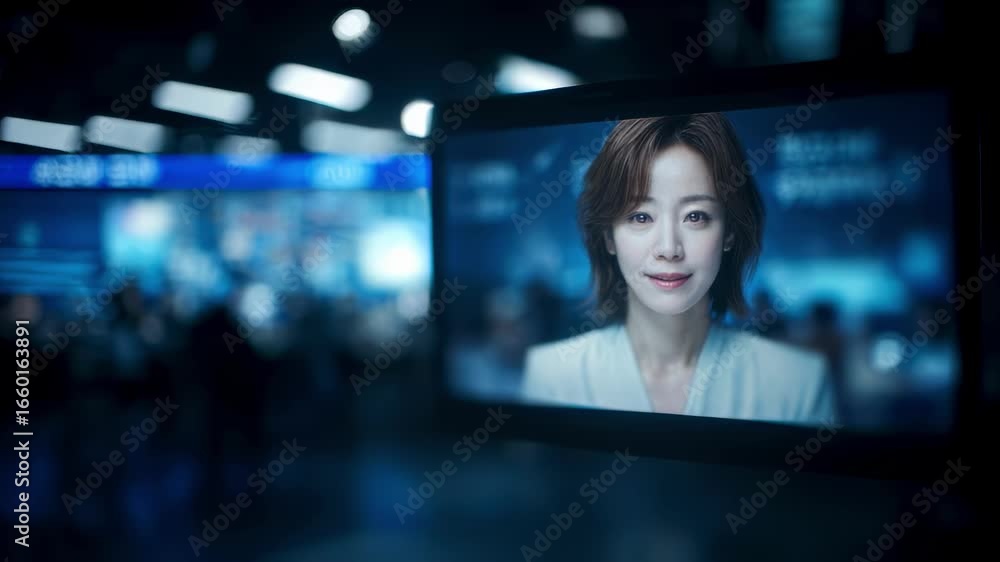 Poster medium shot capturing a sleek translation booth screen displaying an anchors facial animation with d