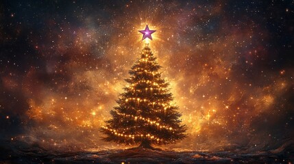 Majestic christmas tree with glowing star in a cosmic night sky for festive decor