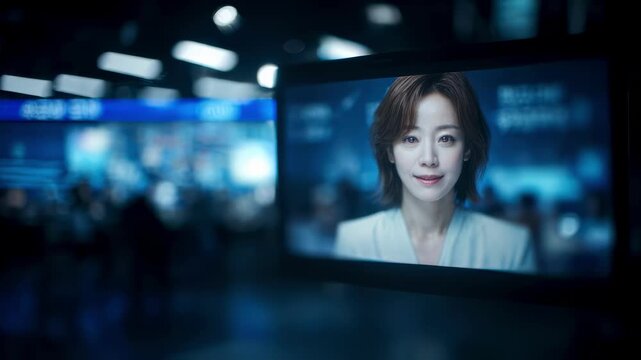 Medium shot capturing a sleek translation booth screen displaying an anchors facial animation with deepfake lipsync main interface sharp with blurred newsroom elements behind.