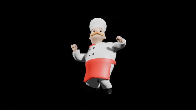 3d render chef dancing twist dance. prores 4444
