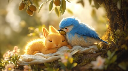 Blue bird perched on olive tree eating fruit, two brown bunnies sleeping under blanket, digital children's book cartoon style with oil painting background