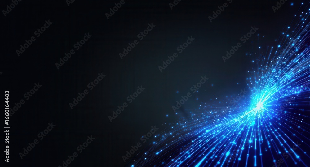 Poster a vibrant blue wave of light particles against a dark background, creating a dynamic and futuristic 