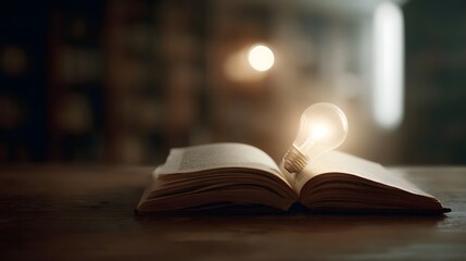 Obraz premium Open book with glowing idea light in a cozy library scene