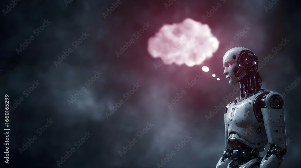 Poster robot holding a glowing thought bubble in a futuristic tech lab