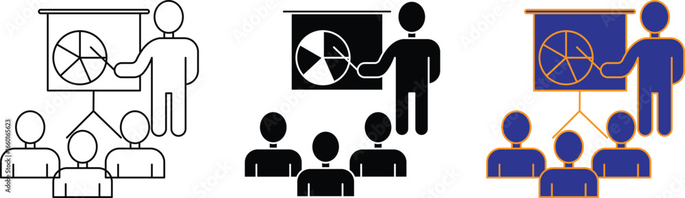 Aufkleber business presentation icon with person showing pie chart to team, meeting or workshop outline design