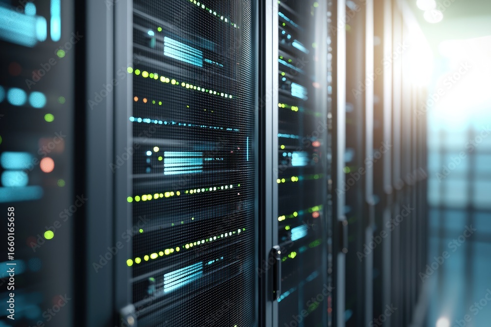Aufkleber modern data center with server racks and glowing led lights, representing digital storage, cloud com