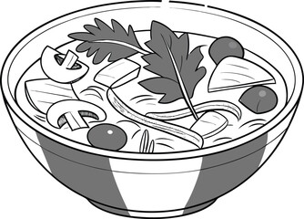 Vector illustration of a hot soup bowl with a leaf, a simple and artistic food icon for kitchen and cooking designs