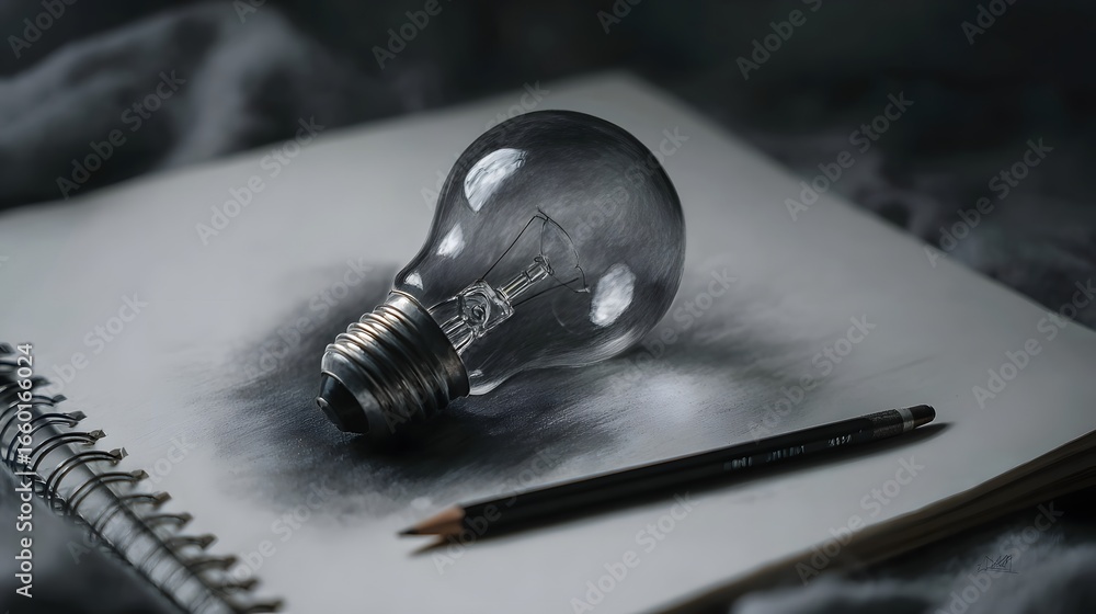Poster Pencil drawing of a lightbulb on a notebook capturing an idea in progress