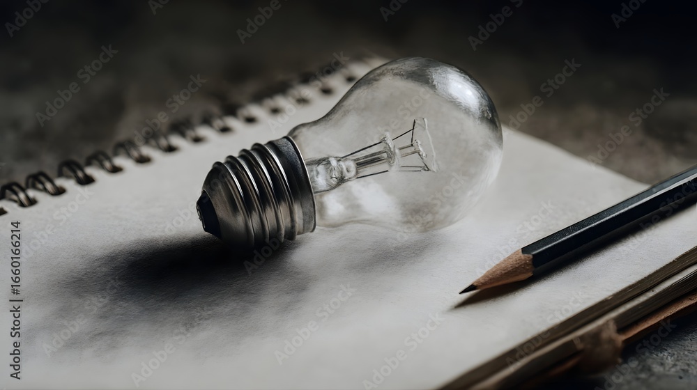 Poster pencil drawing of a lightbulb on a notebook capturing an idea in progress