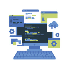 Computer screen displaying code with cloud and gears icons for technology and development