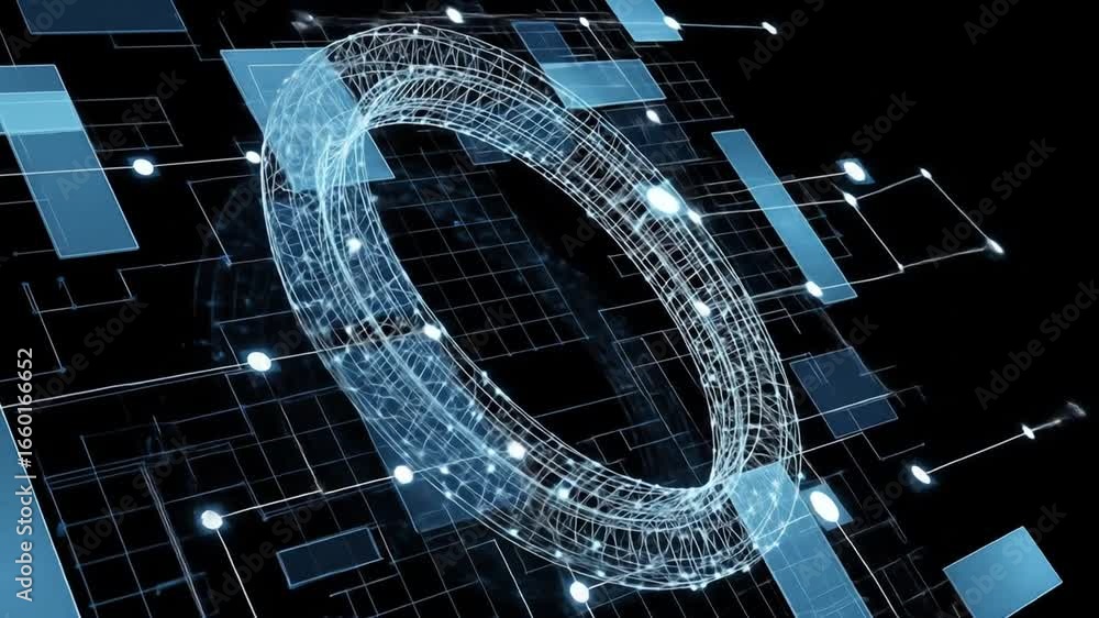Poster futuristic digital interface: animated data flow and network visualization.