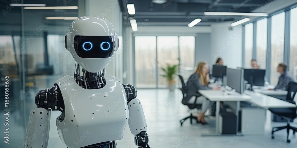 Poster humanoid robot in office: ai robot assisting employees with complex tasks in a modern office.