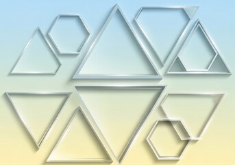 Abstract geometric composition featuring overlapping triangles and hexagons with clean outlines and a soft blue and yellow gradient background, representing connection and innovation