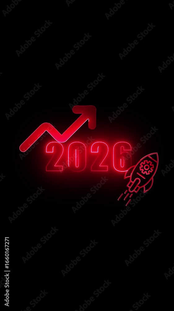 Poster red neon glowing graph arrow pointing up with year 2026 and rocket ship on black background growth