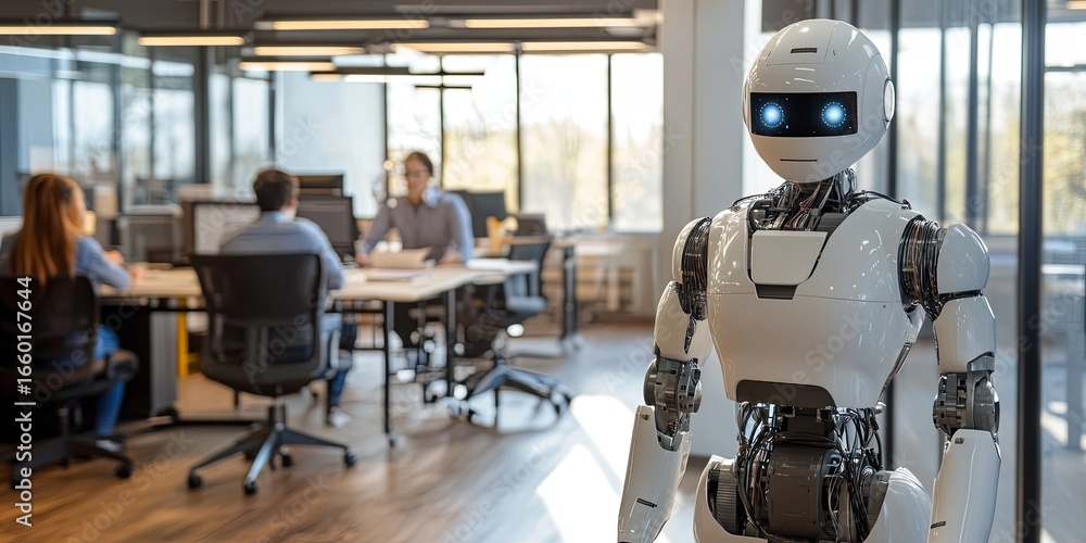 Poster humanoid robot in office: ai robot assisting employees with complex tasks in a modern office.