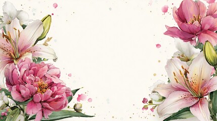 Fototapeta premium Delicate floral arrangement of pink and white lilies and peonies, painted in watercolor style, with a soft, dreamy aesthetic, set against a white background with subtle watercolor splatters.