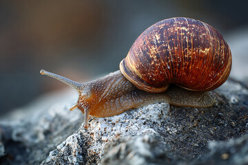 Detailed Macro of a Snail with a Gilded Shell Traversing a Rough Rock