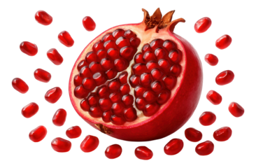 Pomegranate half with arils exposed, surrounded by scattered loose seeds.