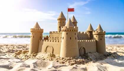 Fototapeta premium Detailed Sandcastle with Red Flag on Beach Sunny Day Ocean Waves in Background.