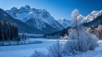 Fototapeta premium A scenic winter landscape featuring snowcovered mountains, a frozen river, and frostcovered trees under a clear blue sky, creating a beautiful and idyllic scene