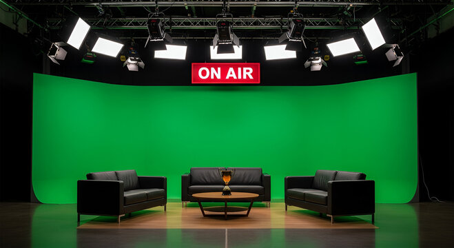 Empty television studio with a green screen backdrop, sofas, coffee table, and "ON AIR" sign.