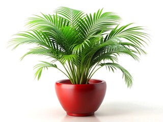 Obraz premium Vibrant areca palm in a red pot, isolated on white background, a tropical houseplant for indoor decoration