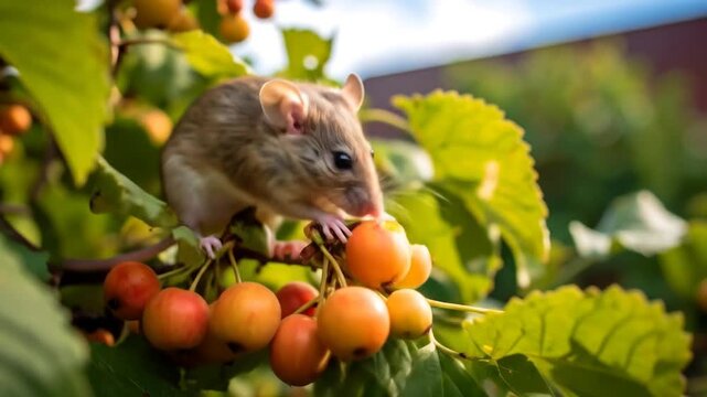Mouse eating berries on a branch.