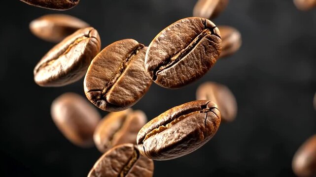 floating roasted coffee beans on black background video rotate 360 grade