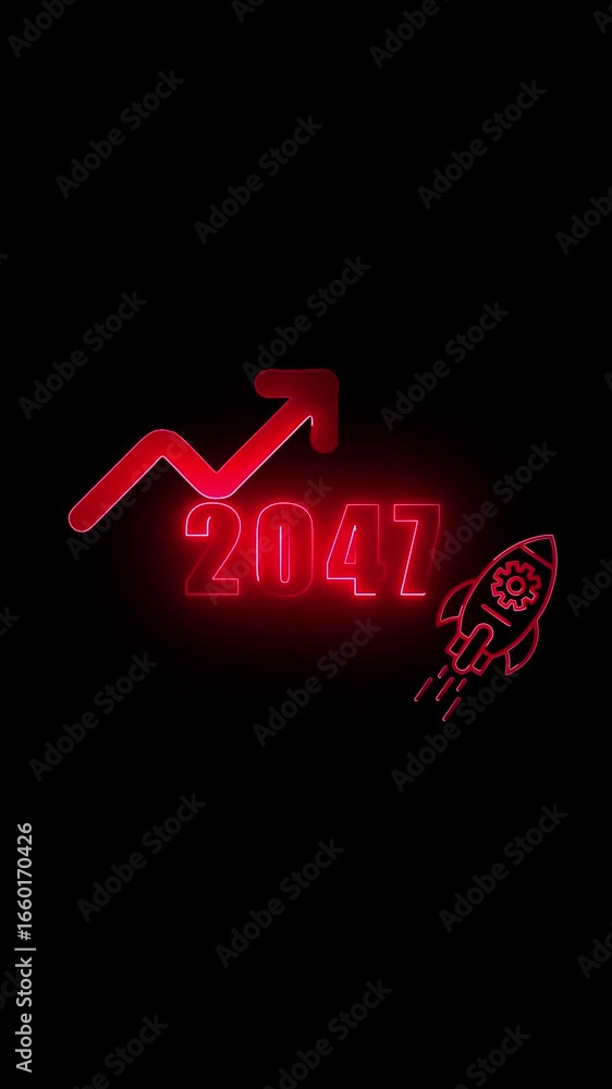 Poster red neon graph arrow pointing up next to the year 2047 and a rocket ship upward chart