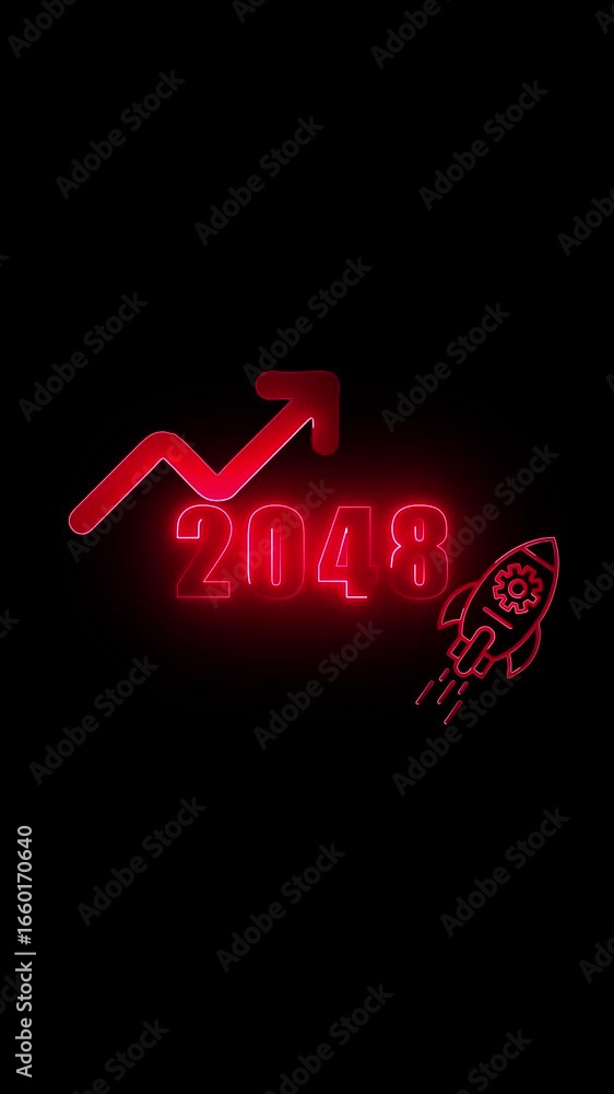 Poster red neon graph arrow pointing up next to the year 2048 and a rocket ship upward chart