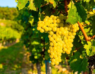 Close-up of a bunch of ripe yellow grapes on a vine