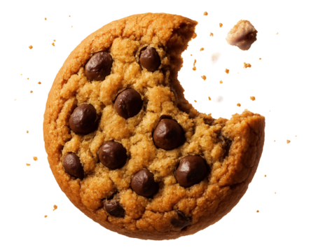 Chocolate chip cookie with a bite taken out, crumbs suspended mid-air.
