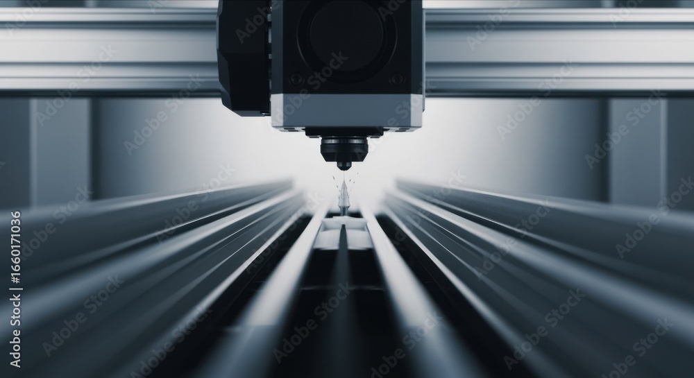 Poster slowmotion capture of the print head traveling across a largeformat 3d printer gantry as it performs