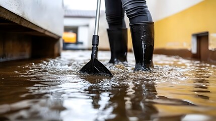 Person cleaning up floodwater with rubber boots.