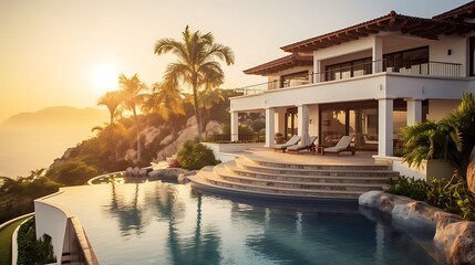 Luxury villa exterior featuring a combination of white stucco, natural stone, dark wood accents, large pool in the foreground, warm golden hour lighting, and tropical landscaping, full frame,