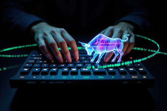 Hands typing on a keyboard with a glowing bull symbol, representing stock market growth and financial success in the digital world