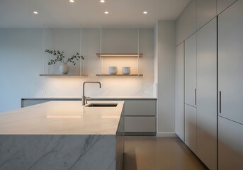 Bright and modern kitchen interior with a marble island, sleek cabinets, and ambient lighting, showcasing contemporary home design and luxury