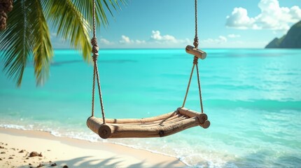 Wooden Swing Hanging From Palm Tree on Tropical Beach with Clear Blue Water